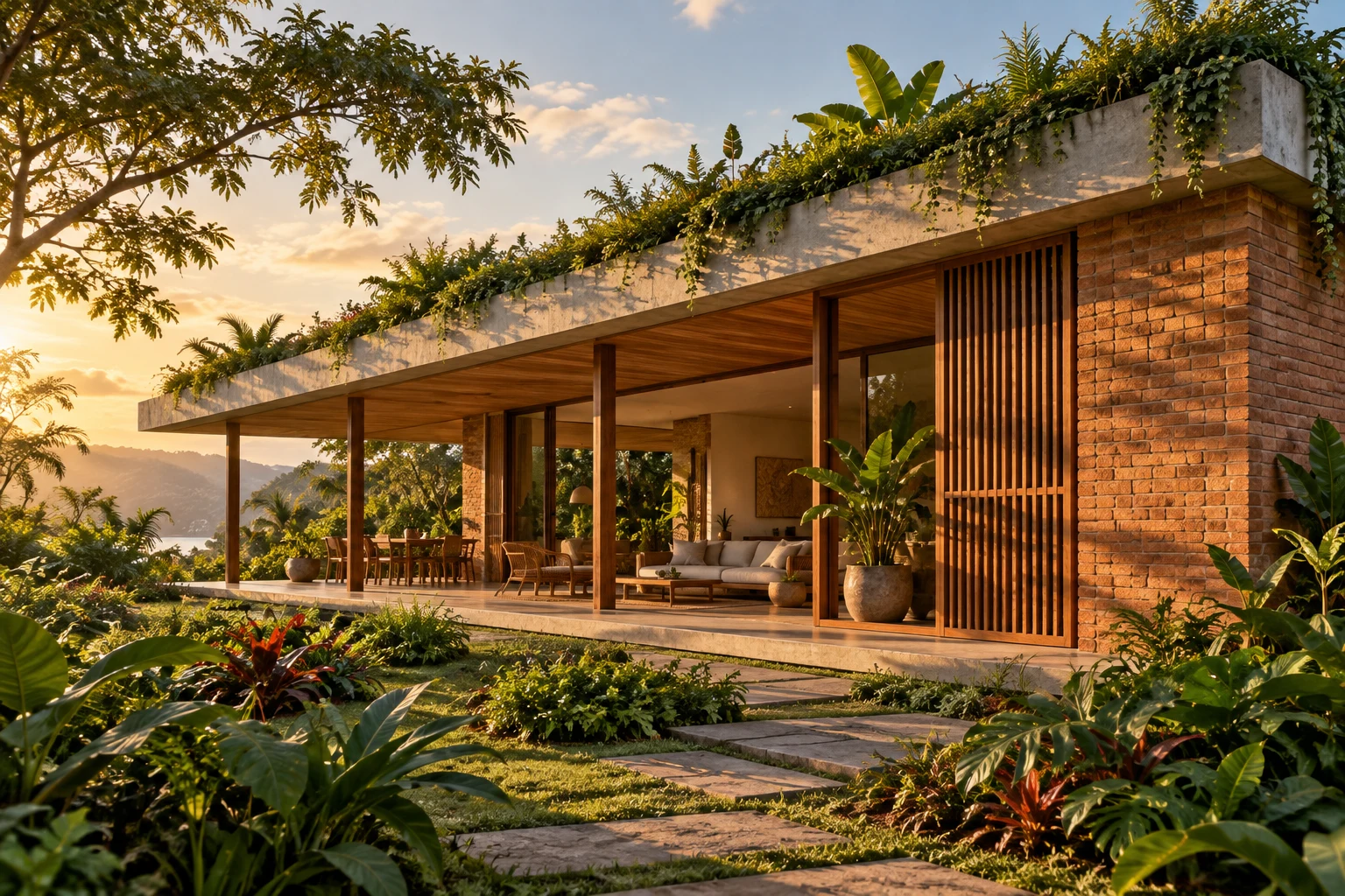 Ilustração conceitual de uma casa térrea integrada à vegetação, com materiais em tons naturais